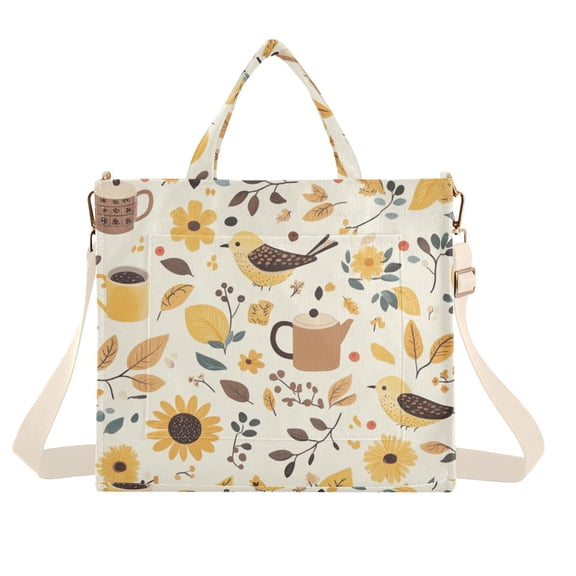 FORMRS Womens Corduroy Tote Bag Crossbody Shoulder Handbag with Pocket, Beige Birds Floral