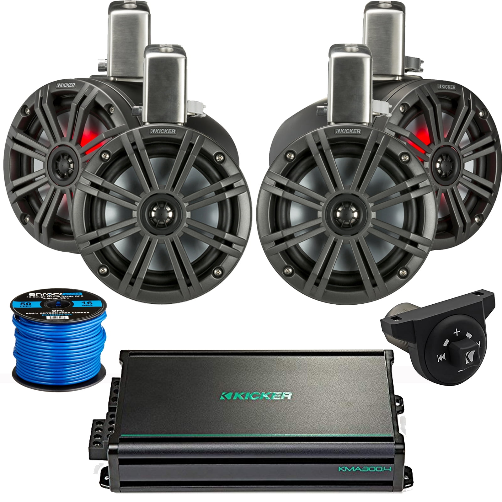 4 x Kicker 6.5" LED Loaded Marine Can Coaxial Speakers w/ Charcoal Grill on Black Can, 4Channel