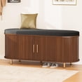 thumbnail image 2 of 2-Tier Storage Bench,Wide Shoe Bench with Thickened Padded Seat Cushion, Mid Century Modern Fluted Sliding Door and Adjustable Shelf, for Entryway, Living Room, Bedroom (Walnut, 43.3“), 2 of 7