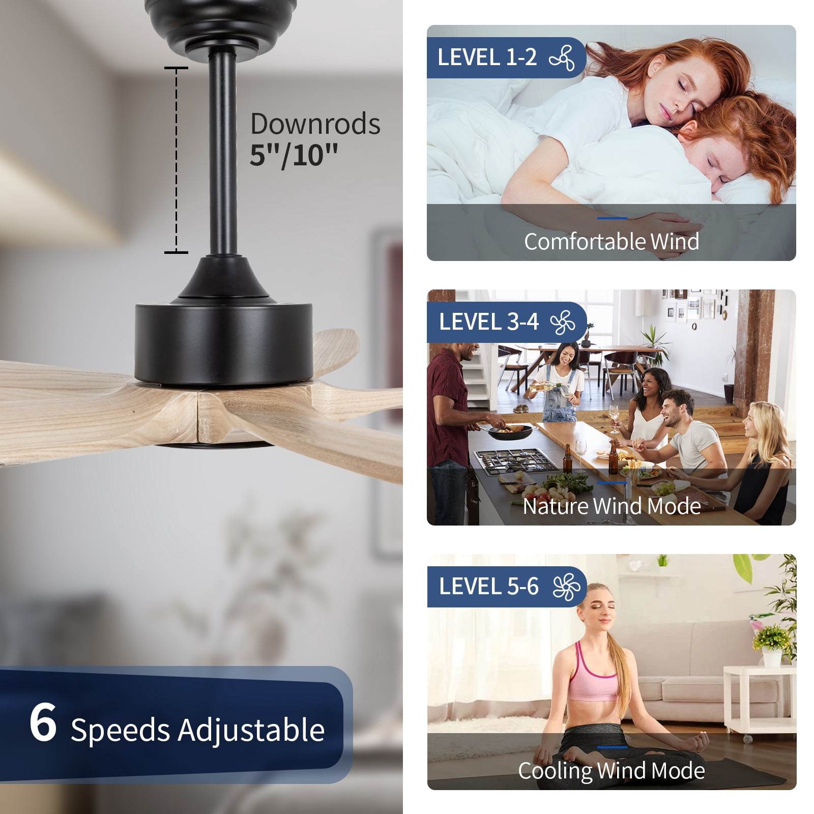 Wozzio 52-Inch Ceiling Fan with LED Light and Remote, 5 Natural Wood Blades, Modern