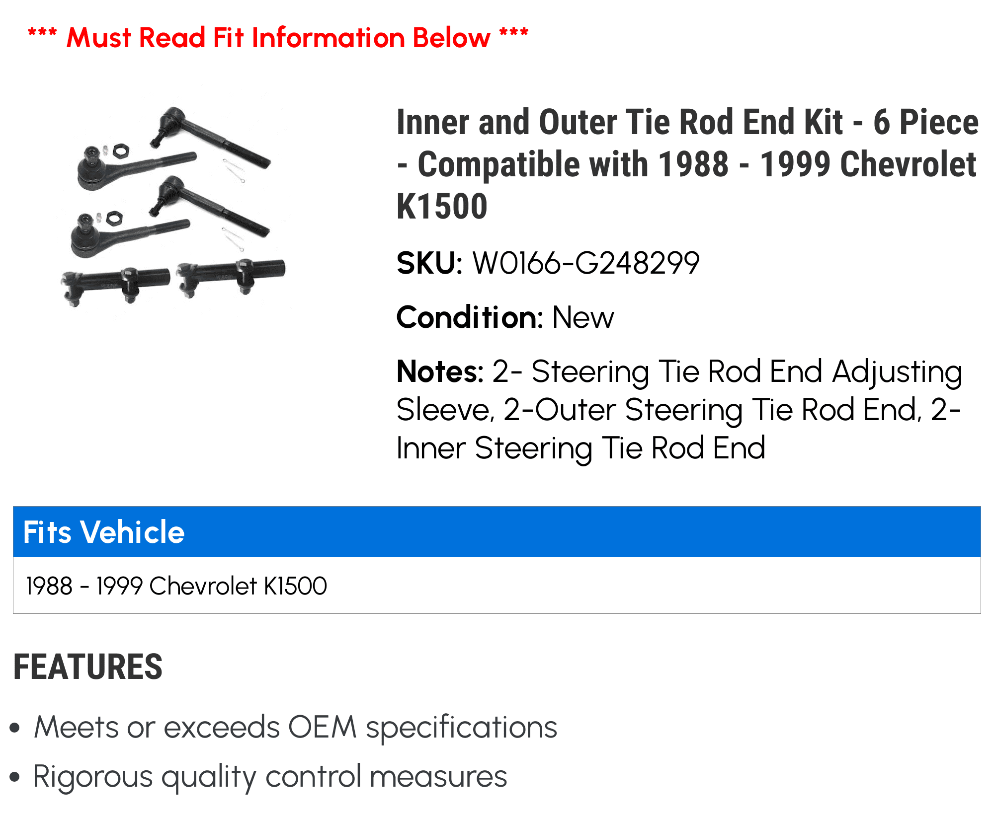 Inner and Outer Tie Rod End Kit - 6 Piece - Compatible with 1988 - 1999 Chevy K1500 1989 1990 1991 1992 1993 1994 1995 1996 1997 1998