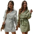 thumbnail image 4 of Women Batwing Long Sleeve V-Neck Backless Solid Belted Wrap Sweater Dress, 4 of 19