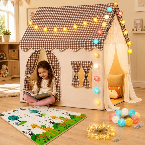INSMART Kids Play Tent with Crawling Mat and Lights Set Large Indoor Playhouse Castle Foldable Gift for Boys and Girls