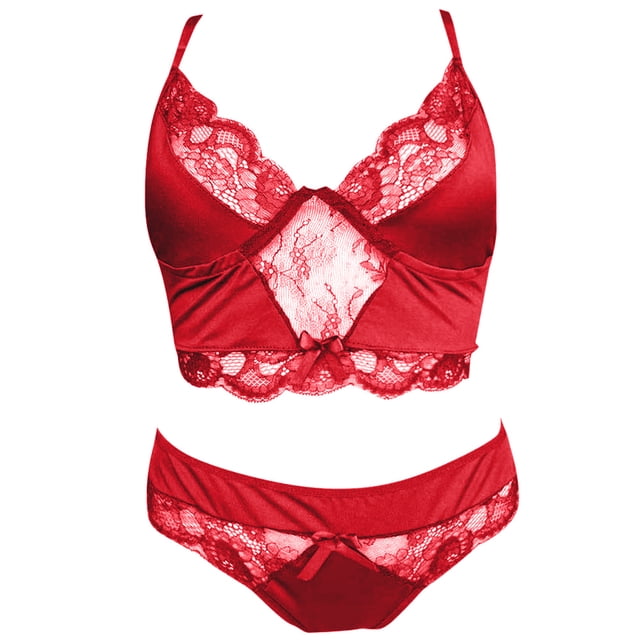 Conjunto de ropa interior con encaje floral y lazo festoneado decorativo para mujer - Rojo vino