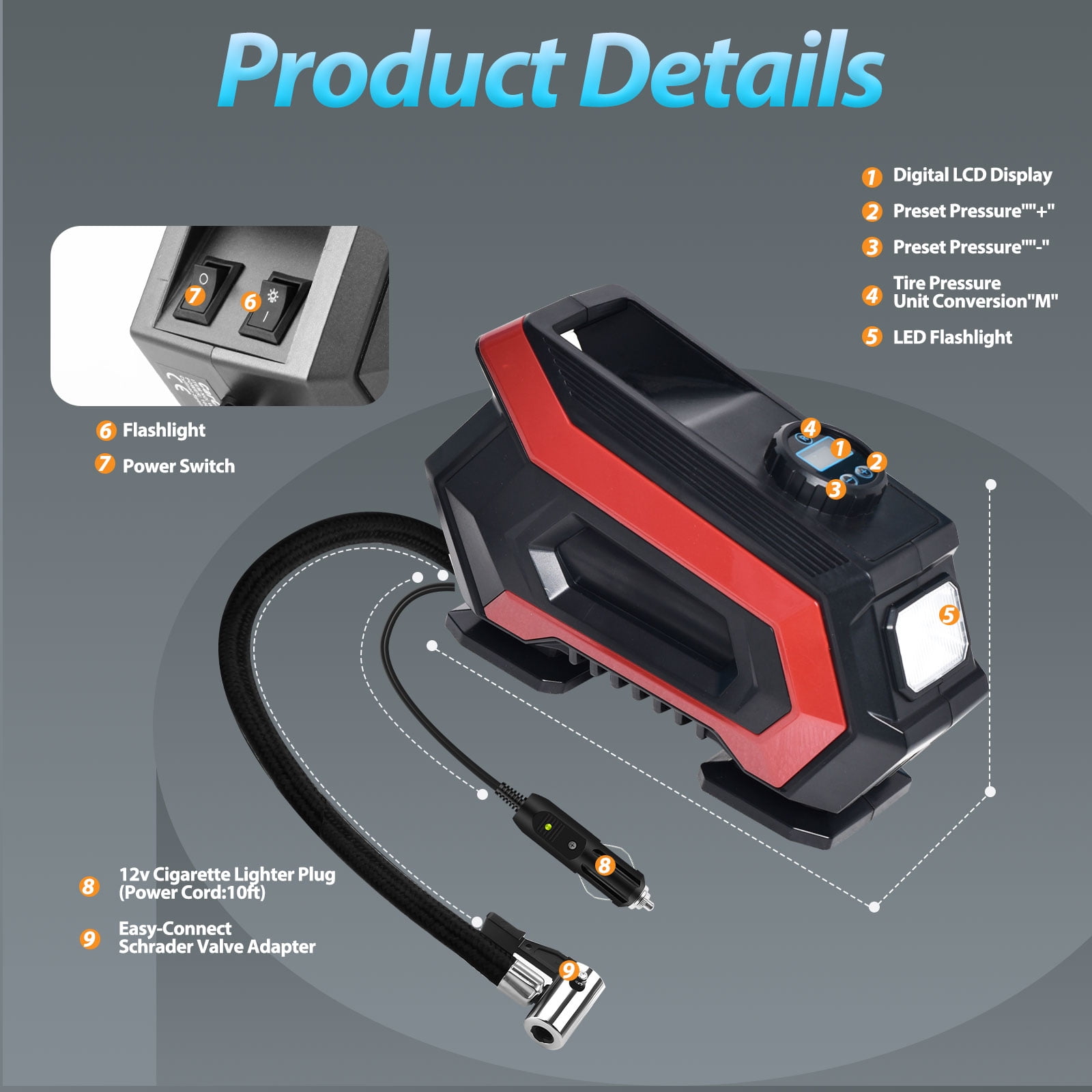 CarCome Portable Tire Inflator,150PSI Air Compressor with Digital Pressure Gauge,12V DC Auto Tire Pump, and Emergency LED Light for Cars, Bikes, Balloons(Red)