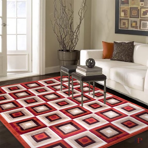 Handcraft Rugs Geometric Square design,High quality contemporary area rug.Rust, beige and Chocolate Brown color.