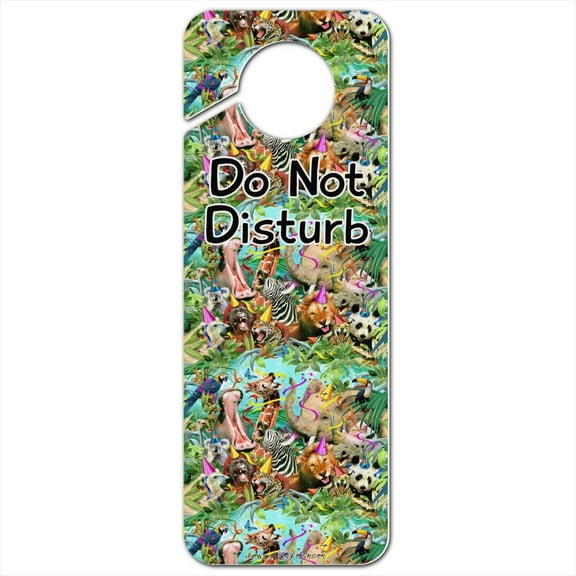 Party Animals Birthday Lion Zebra Elephant Giraffe Pattern Plastic Door Knob Hanger Sign