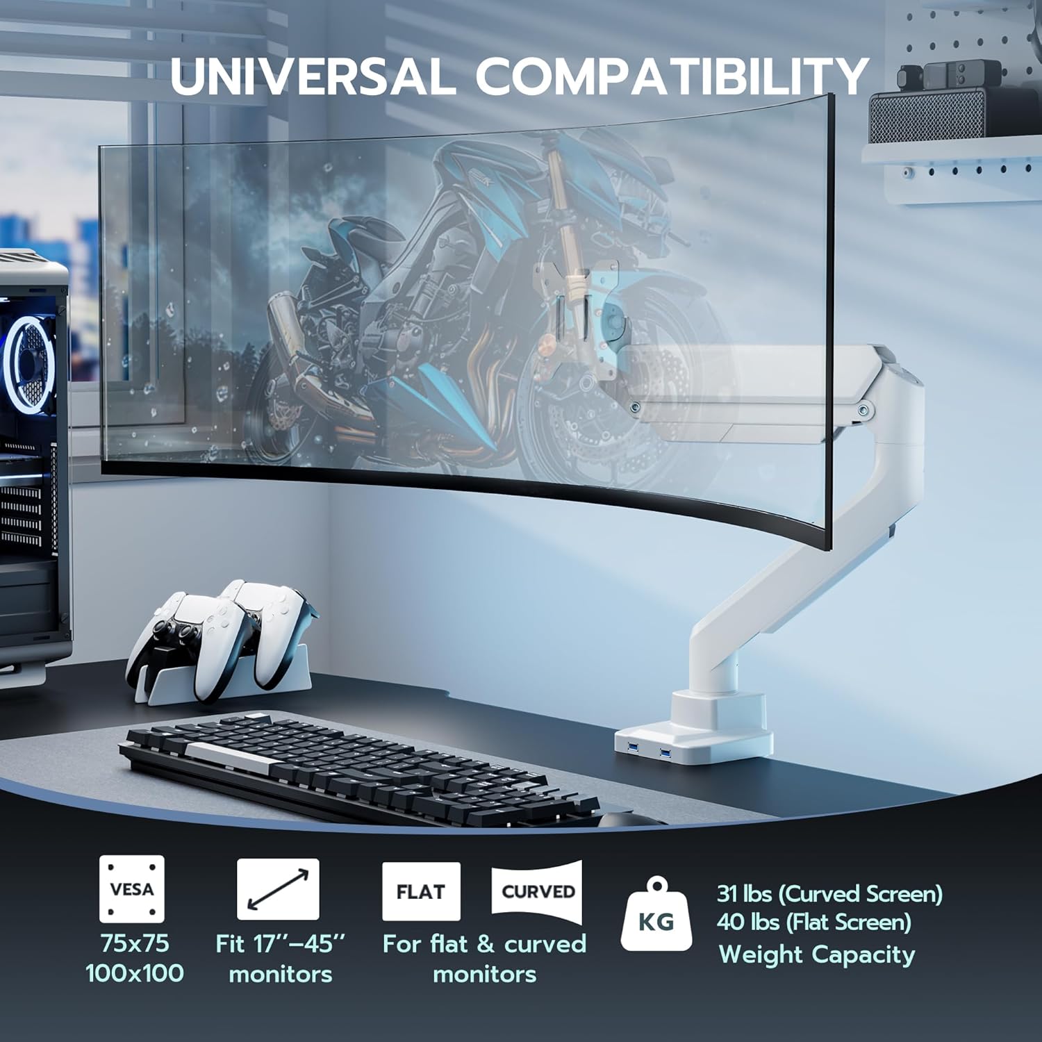 ARES WING Single Monitor Arm with USB, Heavy Duty Adjustable Monitor Arm for 13"-49" Screens, Gas Spring Monitor Arm Desk Mount with Clamp & Grommet Base Holds up to 40 lb, VESA 75x75 100x100, White