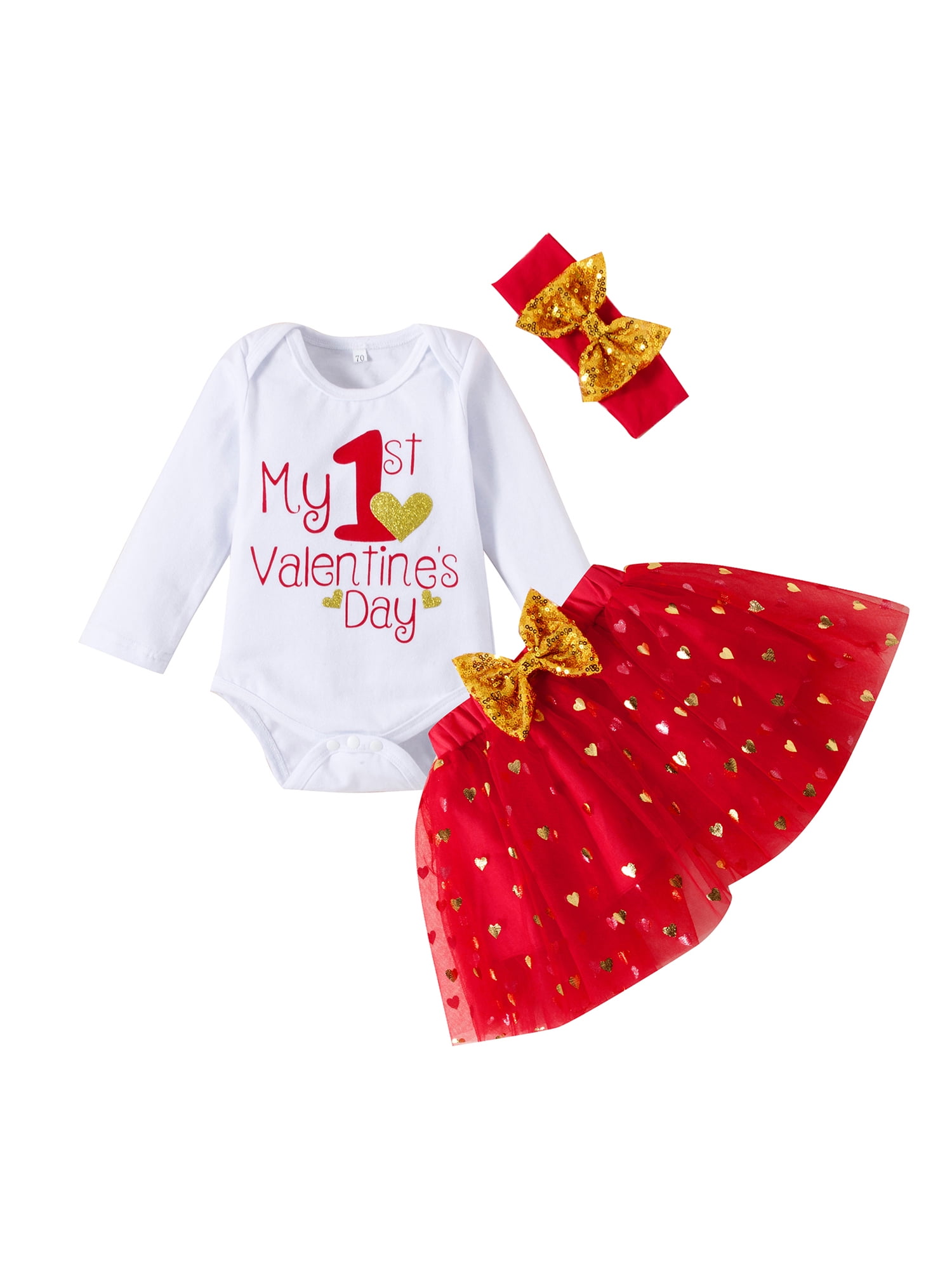 Newborn Infant Baby Girls Valentine's Day Outfit Long Sleeve Romper Tutu Skirt 4PCS Clothes Set 