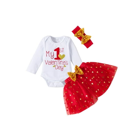 

Nokpsedcb Baby Girls 3Pcs Valentine s Day Clothes Set Long Sleeve Letter Printed Bodysuit Tops Lace Skirt Headband White 3-6 Months