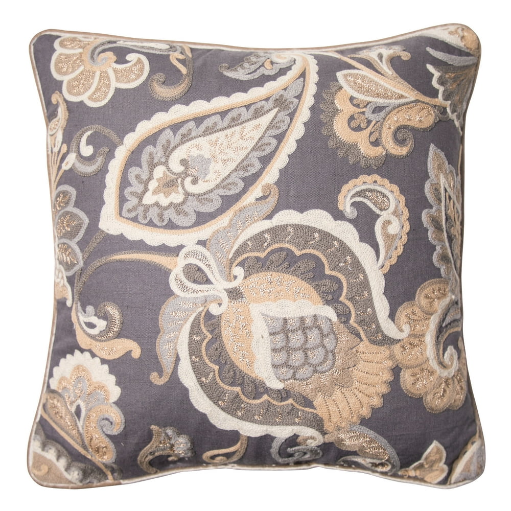 Better Homes and Gardens Paisley Floral Accent Pillow, Grey, 18" x 18