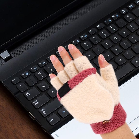 FOMIYES 1 Pair Beige USB Heated Wool Gloves with Foldable Finger Covers for Warm Winter Hands and Outdoor Use
