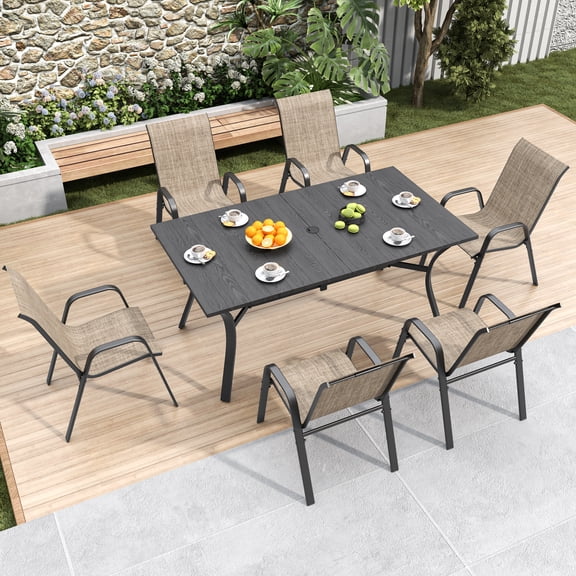 7-Piece Black Outdoor Patio Dining Set, Steel Table & Plastic Chairs, Waterproof Fade-Resistant Garden Furniture Set for Garden, Poolside, and Indoor Use