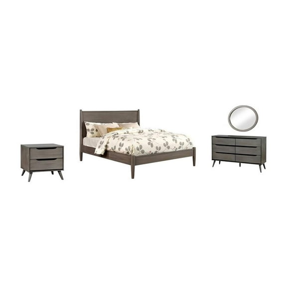 Allora Mid-Century Wood Bedroom Set- King Nightstand Dresser Oval Mirror in Gray