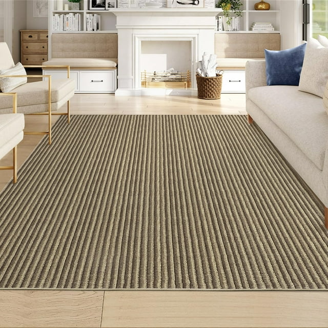 Living Room Area Rug, Large Machine Washable Rug, Non Slip Modern Stripe Floor Carpet, Indoor Pearl Velvet Soft Rug, Foldable Printed Rug for Dining Room, Bedroom, Nursery, Beige Tones
