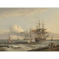 thumbnail image 3 of Thomas Luny 18x14 Black Modern Framed Museum Art Print Titled - A British ’74’ Unfurling its Sails as it Prepares to Leave the Anchorage with a Frigate and Various Coastal Craft Beyond (1828, 3 of 5