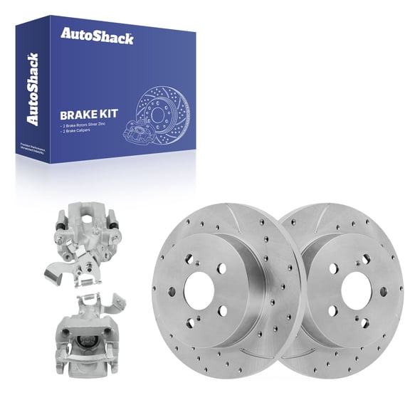 AutoShack Rear Solid Drilled & Slotted Silver Zinc Coated Brake Rotors   Calipers 4-PC Brake Kit Replacement for 2010-2015 Toyota Prius 2012-2015 Toyota Prius Plug-In SilverShield Pro 10.2" (259 mm)