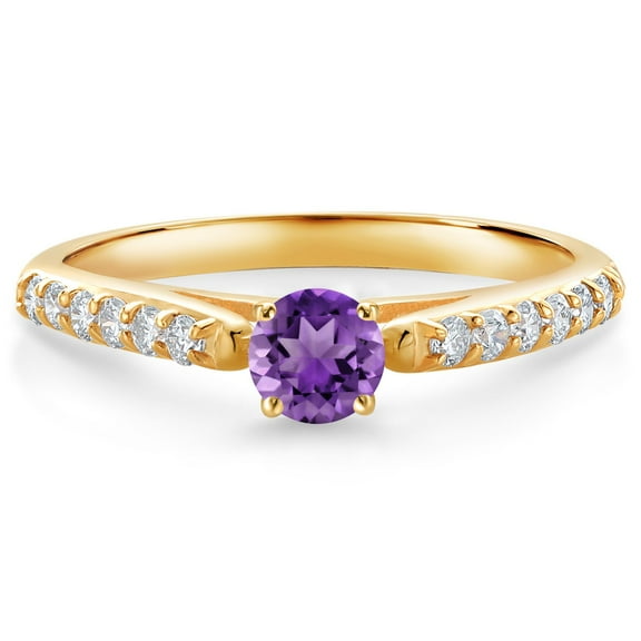 Gem Stone King 10K Yellow Gold Purple Amethyst and White Lab Grown Diamond Engagement Ring for Women (0.43 Cttw, Gemstone February Birthstone, Round 4MM, Size 7)