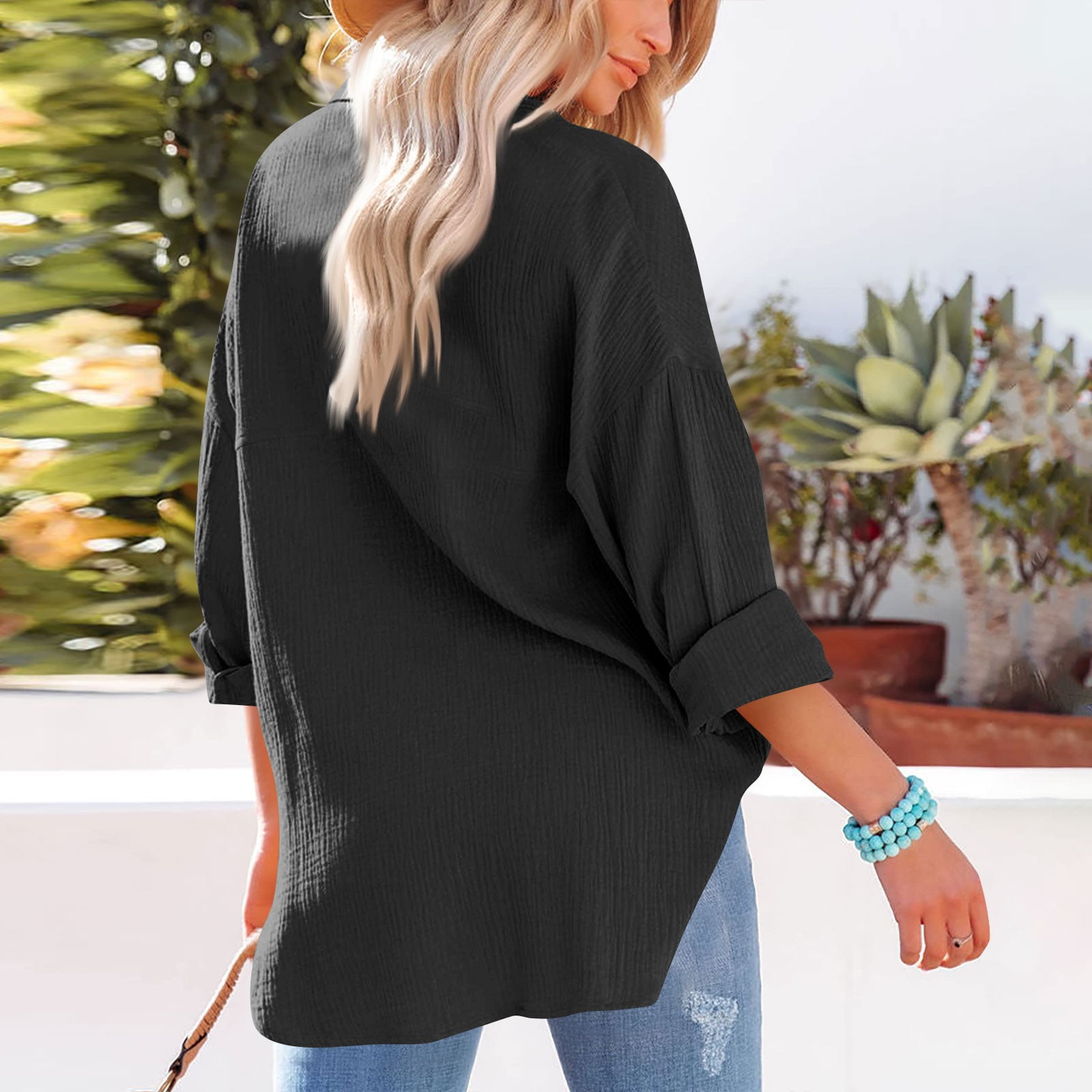 Mohiass Oversized Button Down Shirts for Women Cotton Linen Boyfriend Long Sleeve Work Blouses Tops Black XL