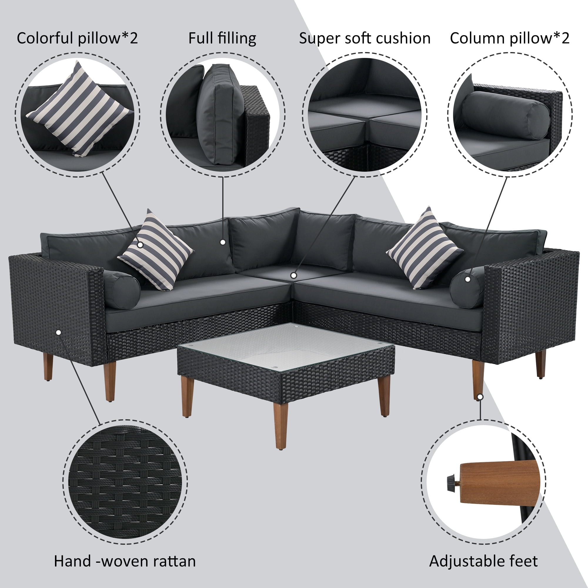 Harper & Bright Designs Outdoor Wicker Sofa Set with Coffee Table, 4 Pieces Patio Rattan Modular Conversation Set with Wood Leg, All Weather PE Wicker L Shaped Couch for Garden Backyard, Black+ Gray