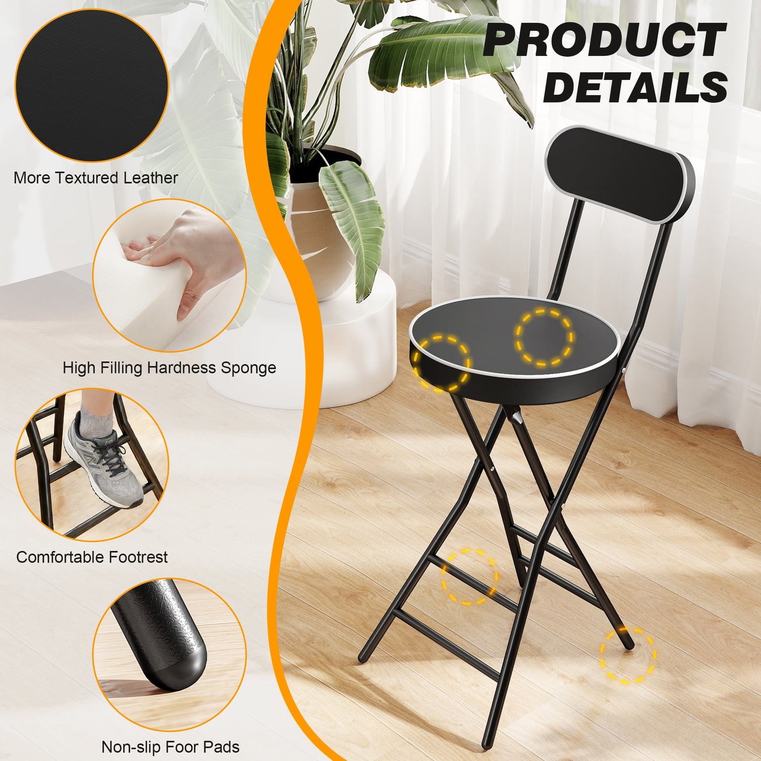 2 Pack 26 inch Height Folding Stool with Backrest and Handle, 400 lbs Capacity, Faux Leather Seat for Outdoor, Camping