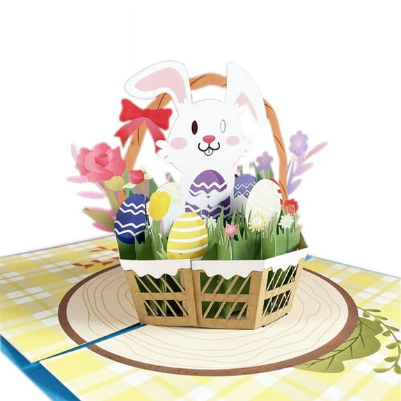 3D Pop-Up Bunny Flower Basket Easter Cute Animal Greeting Cards with Envelope