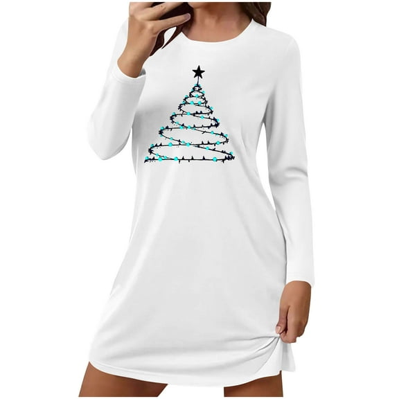 Chirstmas Pajamas Dress for Women Long Sleeve Crewneck Holiday Home Pjs Skirt White-2 2XL