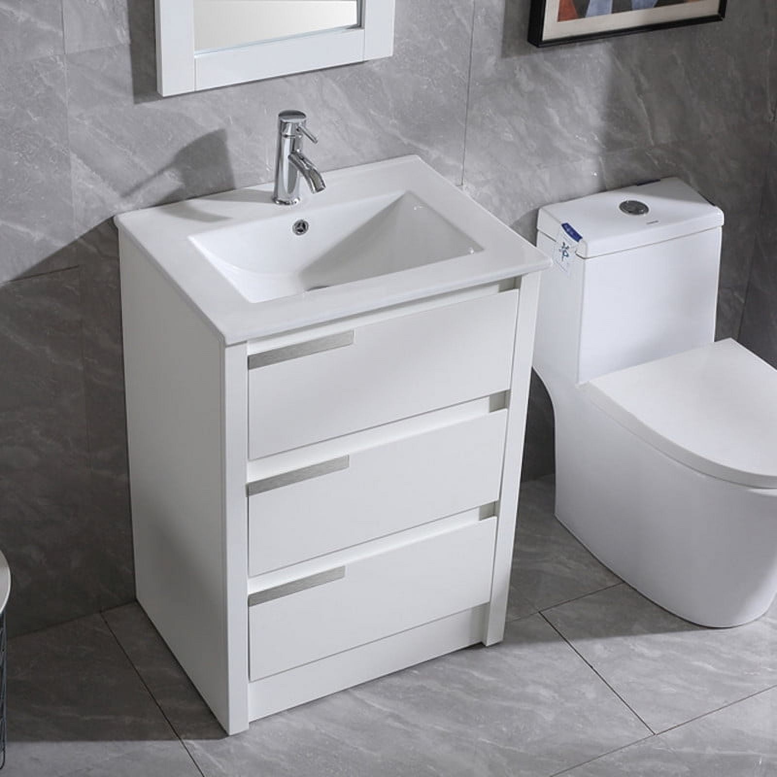 Walsport 24" Luxurious Bathroom Vanity with Ceramic Sink and Countertop and Mirror and Faucet,Stand Floor Cabinet Bathroom Storage Vanity with Pop Up Drain,White