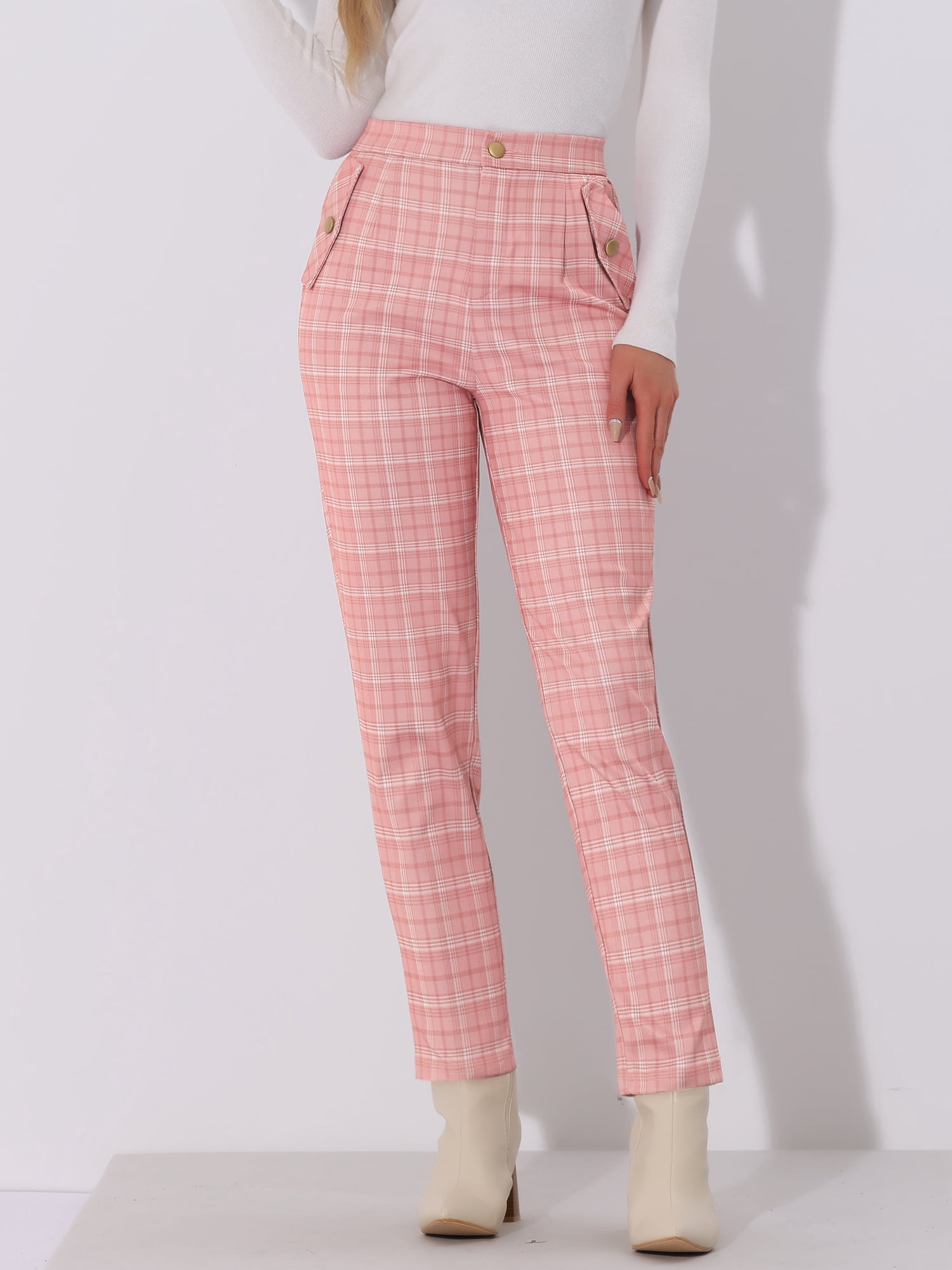 DARING DIVA Women's Tartan Plaid Pants Elastic Waist Straight Trousers M Pink