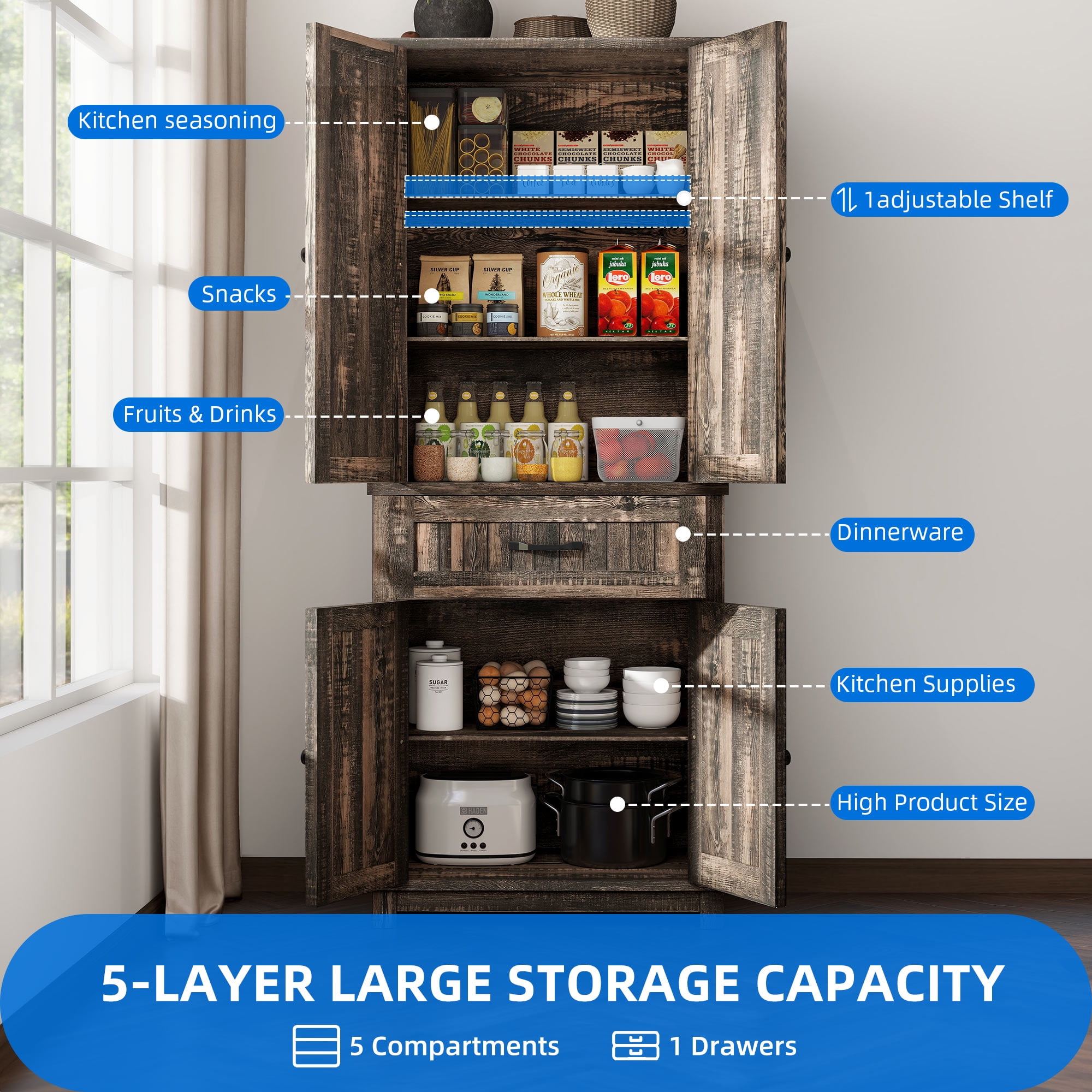 Dextrus Kitchen Pantry Cabinet with Doors and Drawer, Pantry Cabinet with Adjustable Shelves for Kitchen, Living Room, Dining Room, Dark Oak