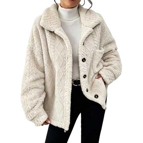 Fleece Jacket Women Solid Color Short Lapel Collar Button Down Fuzzy Coat with Pockets for Fall Casual Wear and Daily Outings