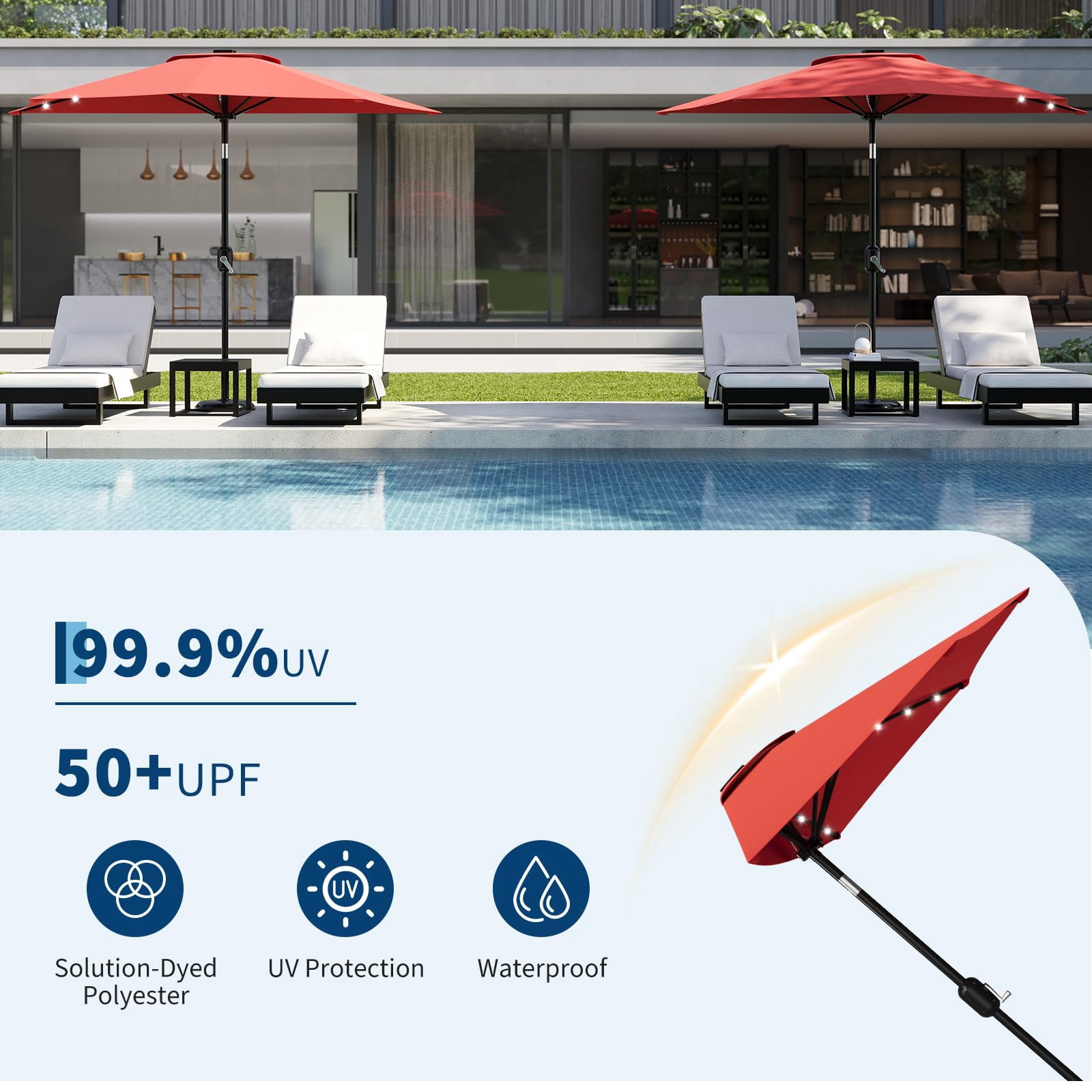 Senfot 9FT Half Patio Umbrella with Solar LED Lights, Smooth Crank Lift Outdoor Shade Canopy, UV Resistant for Patio Backyard Deck, Red