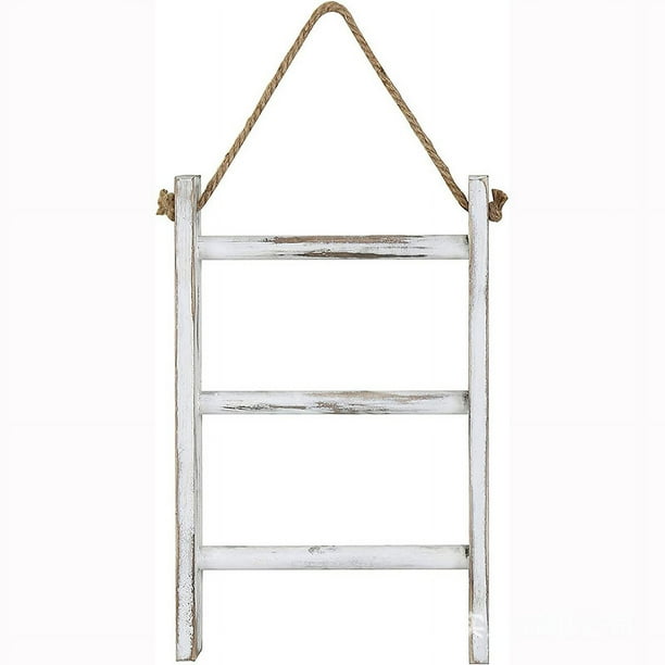Estante de secado de escalera de toalla de mano para colgar en la pared de madera maciza, estante de almacenamiento de toallas de mano de 3 niveles con cuerda para colgar