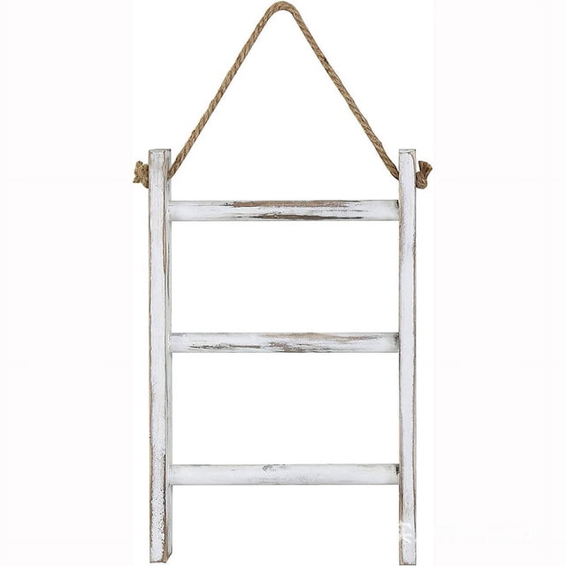 Estante de secado de escalera de toalla de mano para colgar en la pared de madera maciza, estante de almacenamiento de toallas de mano de 3 niveles con cuerda para colgar
