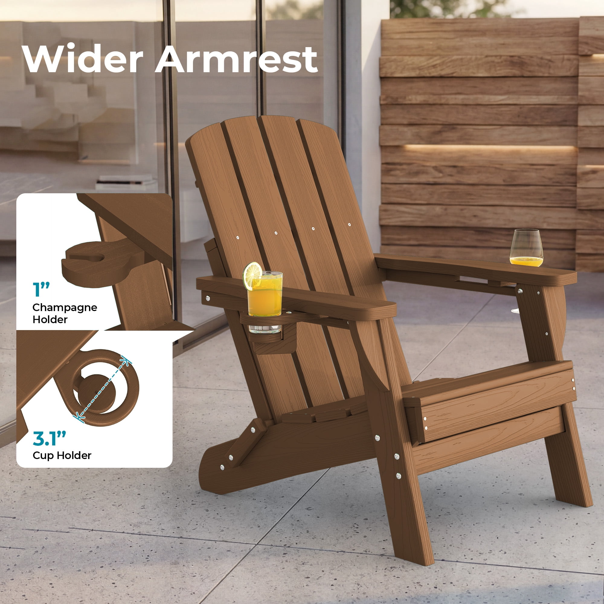 Adirondack Chair Set of 2, Outdoor Folding All-Weather HDPE Adirondack Chairs with 2 Cup Holders for Patio, Brown