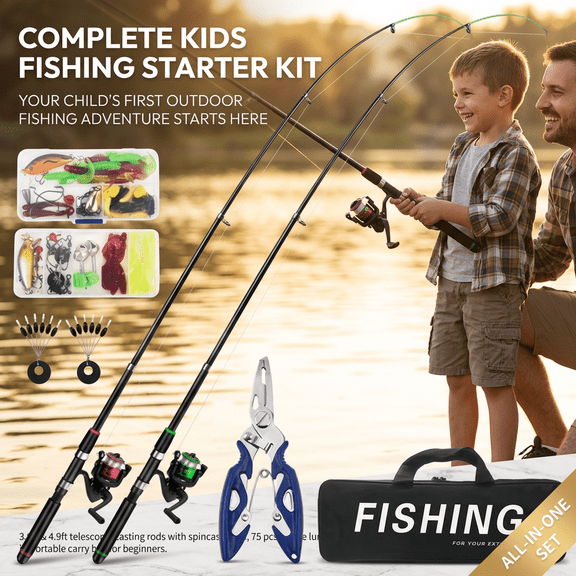 Doulami Fishing Poles, 75-Pcs Tackle Lures Hooks Swivels, 3.9ft & 4.9ft Kids Fishing Poles Comb Set Telescopic Casting Rod Spincast Reel Combo with Carry Bag for Beginners
