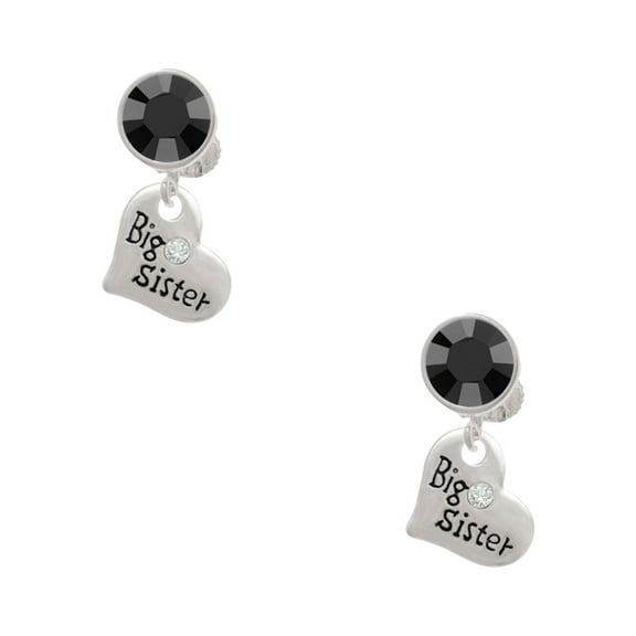 Delight Jewelry Silvertone Small ''Big Sister'' Heart with Clear Crystal Black Crystal Clip on Earrings