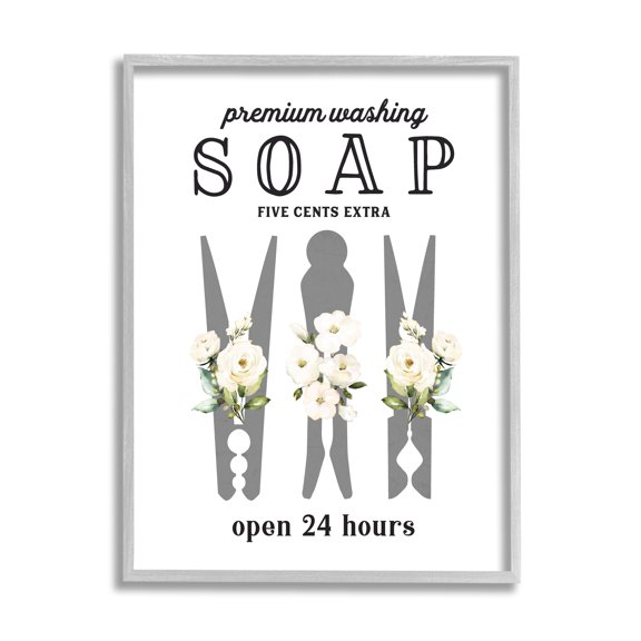 Stupell Industries Floral Clothespin Silhouette Vintage Script Soap Signage Graphic Art Gray Framed Art Print Wall Art, Design by Lettered and Lined