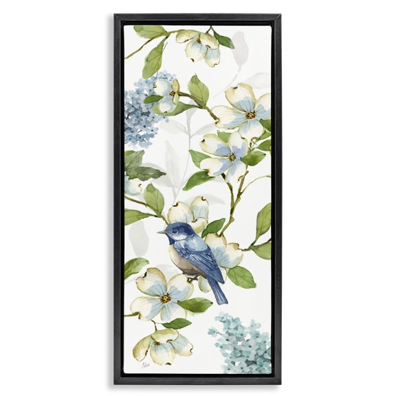 Stupell Industries Shabby Chic Dogwood Flowers & Bird Black Floating Frame Canvas Art, 11 x 25, by Nan