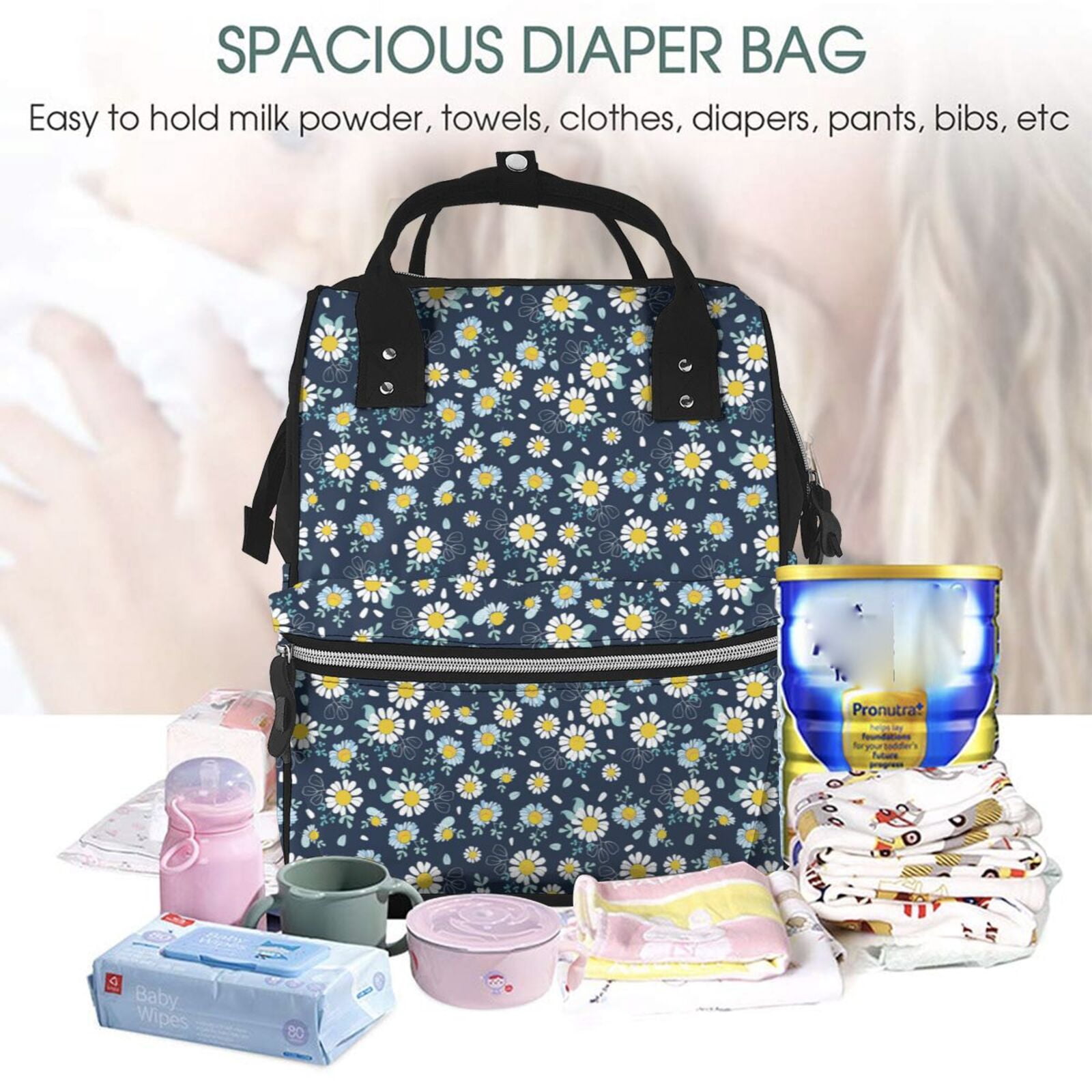 Fuzoiu Daisy Floral B Print Diaper Bag Backpack,Baby Essentials Travel Tote,Multi function Waterproof Diaper Bag, Travel Essentials Baby Bag - Unisex