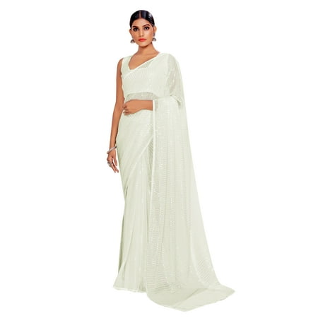 Sarees For Women Bollywood Faux Georgette Saree || Sequence Embroidered Indian Sari & Unstitched Blouse