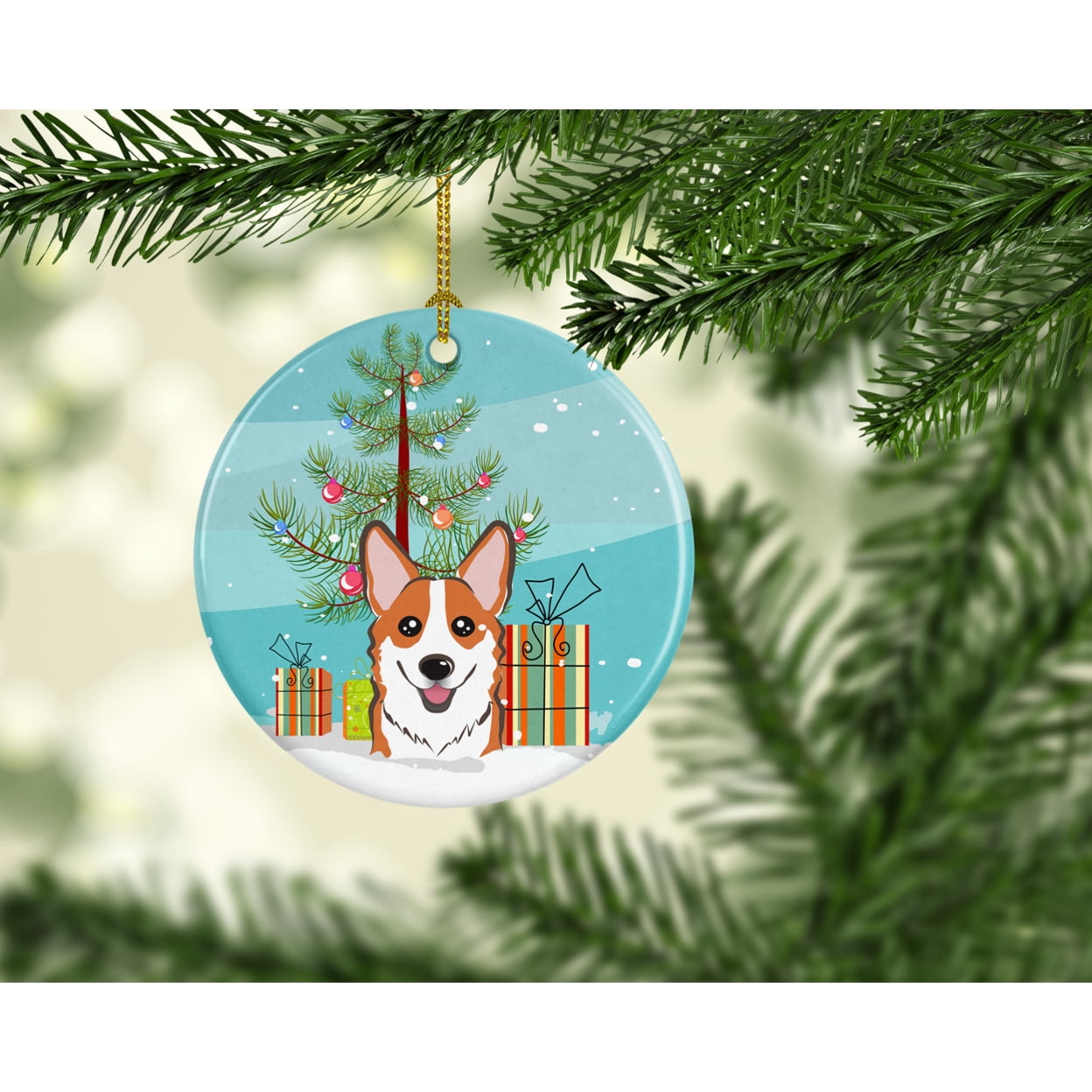 Christmas Tree and Red Corgi Ceramic Ornament