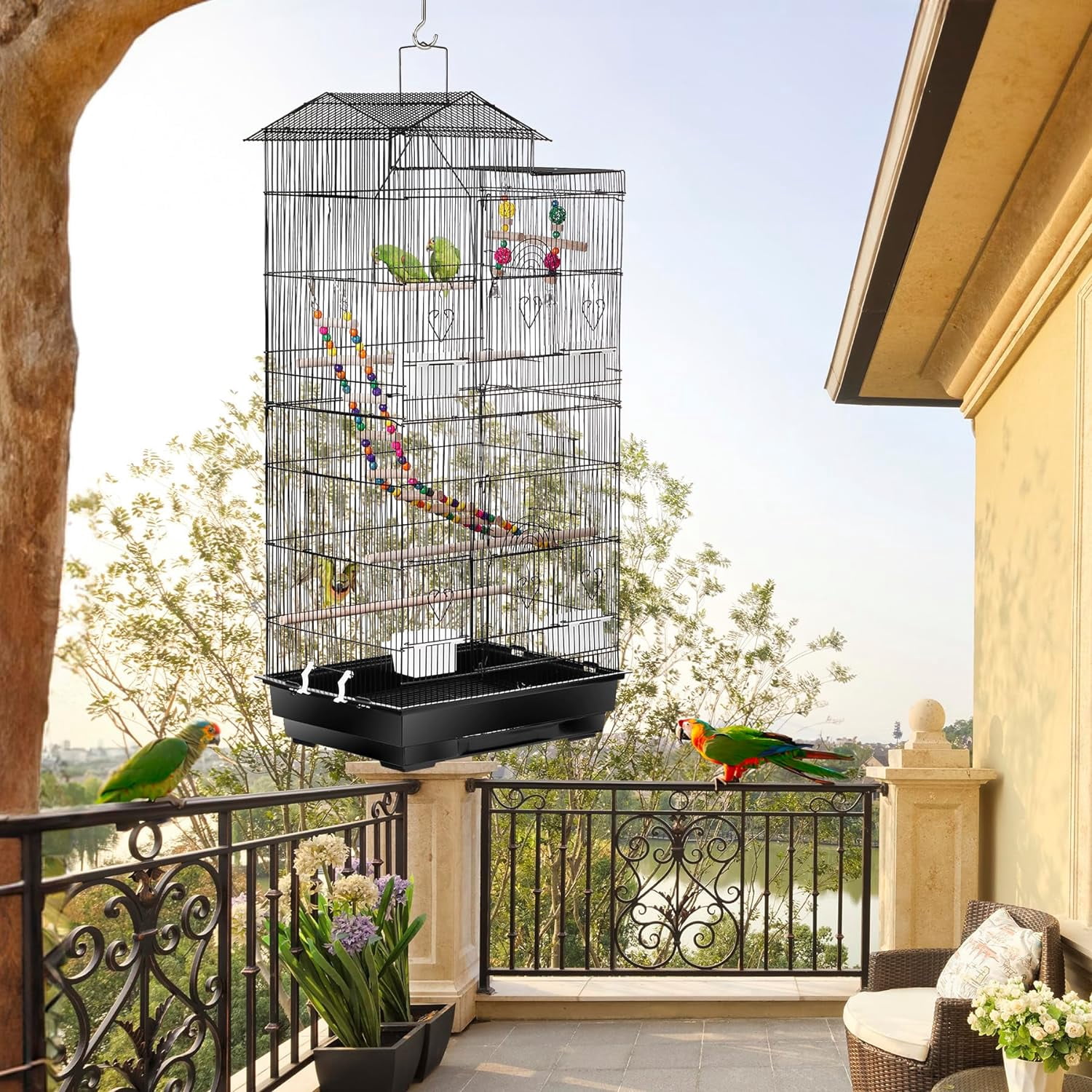 HJTER 39-inch Roof Top Large Flight Parrot Bird Cage for Small Quaker Cockatiel Canary Sun Parakeet Green Cheek Finch Budgie Lovebirds Wrought Iron Pet Bird Cage w/Toys