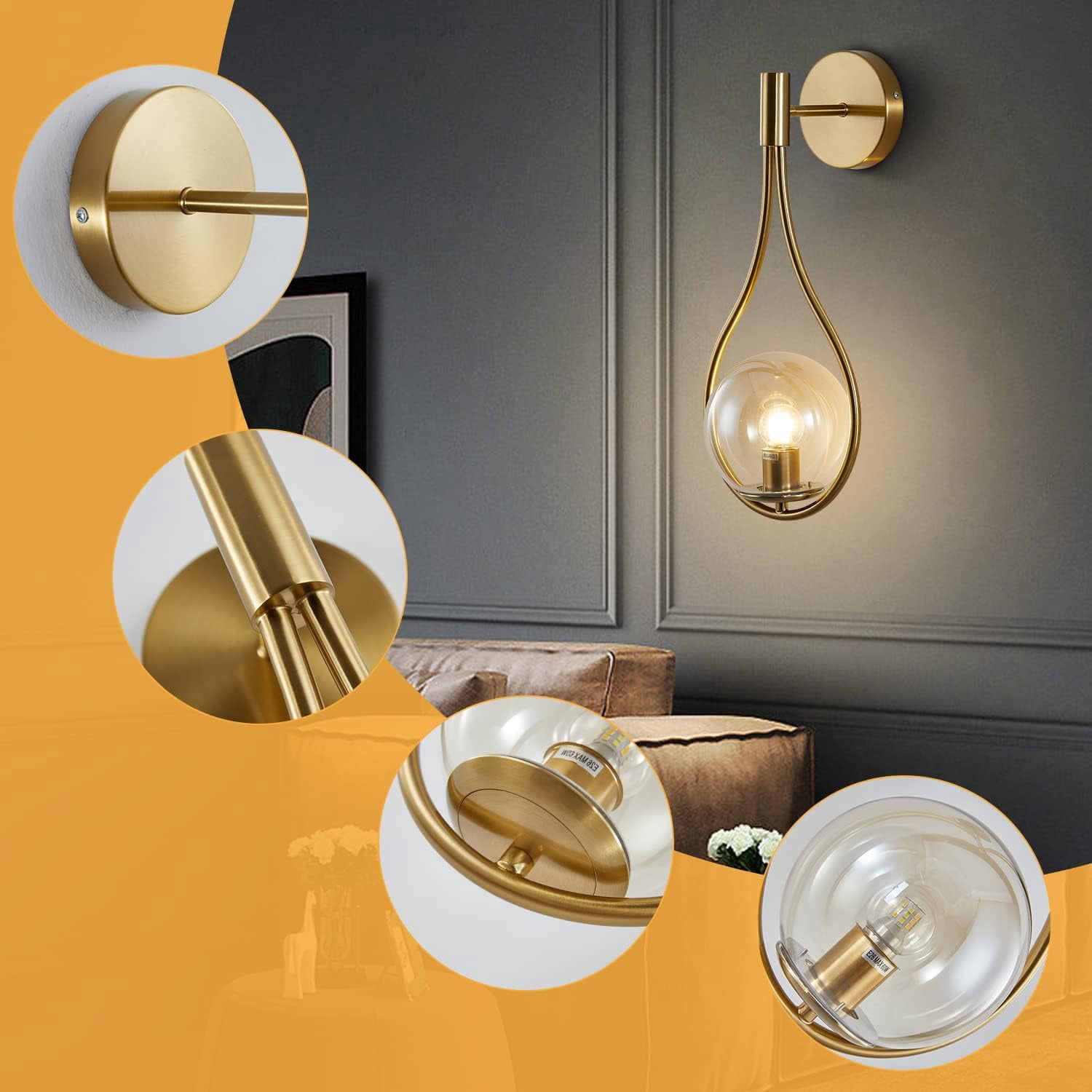 KCO Lighting Glass Globe Wall Mounted Sconce Gold Teardrop Wall Sconce Vintage Cordless Sconces Wall Lighting