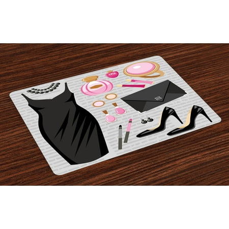 Heels and Dresses Placemats Set of 4 Black Smart Cocktail Dress Perfume Make Up Clutch Bag, Washable Fabric Place Mats for Dining Room Kitchen Table Decor,Black Pale Pink Pale Brown, by