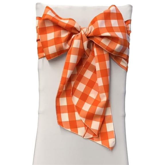 LA Linen TCcheck8x108-Pk10-OrangeK48 Gingham Checkered Chair Bows, White & Orange - 8 x 108 in. - Pack of 10