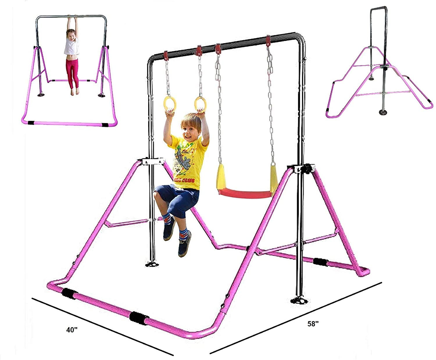 Trapeze Rings Playground Playset Horziontal Gymnastics Monkey Bars Expandable Junior Training Bar Foldable w Stretch Band ToyKraft 3 in 1 Kids Jungle Gym Gymnastics Kip Bar Junior Training Deluxe Swing