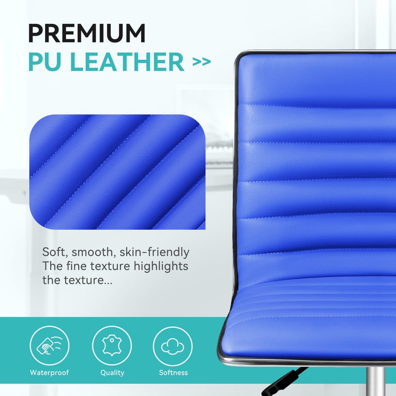 Furmax Leather Swivel Office Chair - Mid Back Vanity Chair for Makeup Desk, Armless Ribbed Task Chair with Ergonomic Support (Blue)