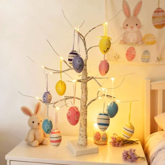 12 Pack Colorful Easter Egg Ornaments with LED Lighted Birch Tree, Easter Egg Pendants for Spring Holiday Decor, Tabletop Centerpiece or Party Display