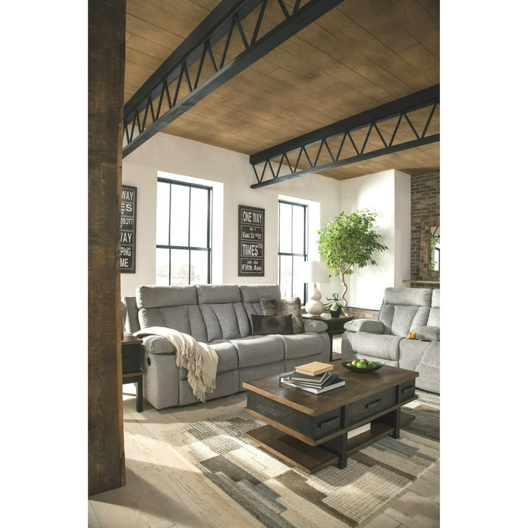 Signature Design by Ashley Mitchiner Reclining Sofa with Drop Down Table in Fog Walmart